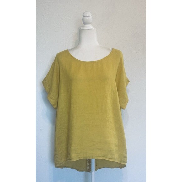 TERZO MILLENNIO Women Size L Mustard Linen Embroidered Top Timeless Lagenlook - Picture 1 of 9